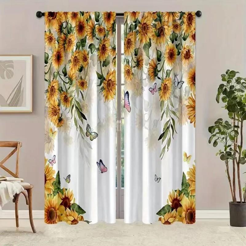 Set Of 2 Sunflower Butterfly Polyester Curtain Home Decor Window Treatment Privacy Properties Elegant Curtains Light Filtering Made