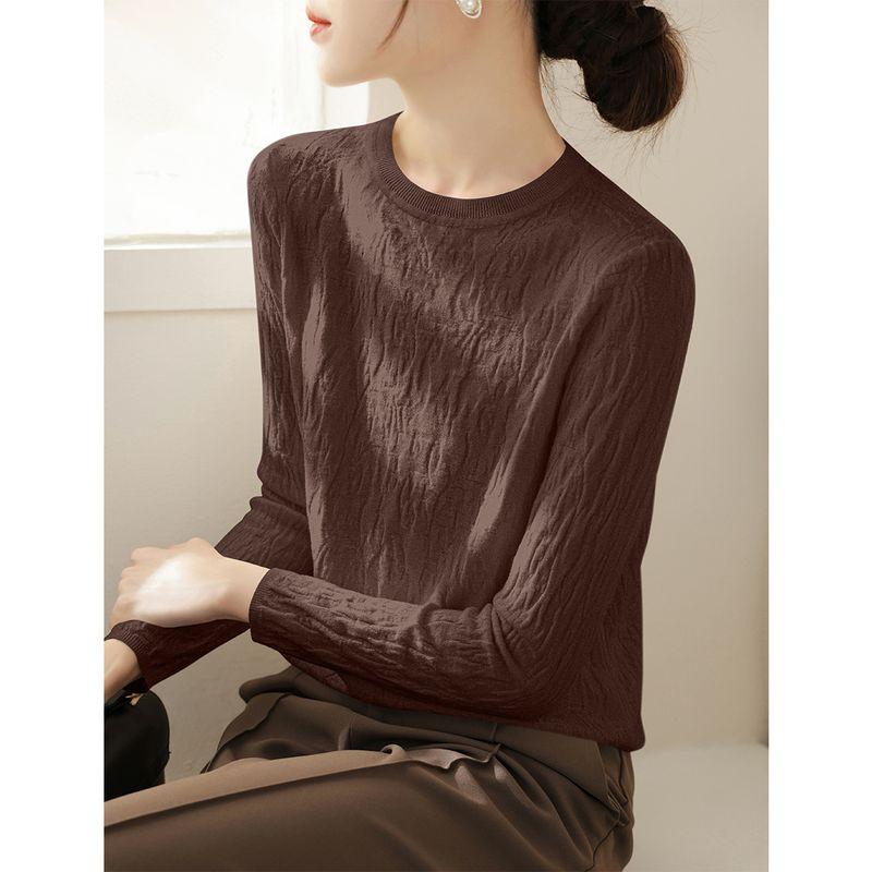 

Autumn and Winter New Arrival Pure Color Long Sleeves Knitwear Women s Wool Silm Inner Bottoming Top White round Neck Sweater Dark brown XL(Recommendations 120-130])