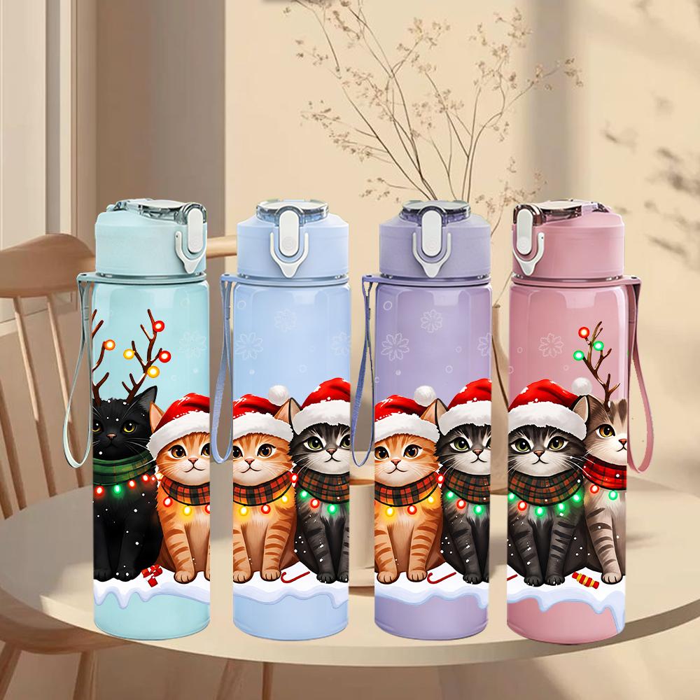 1PC Santa Hat Three Cats Christmas 750ml Color Plastic Sports Water Bottle Leakproof Flip Straw Lid Suitable for Sports Office Home Use