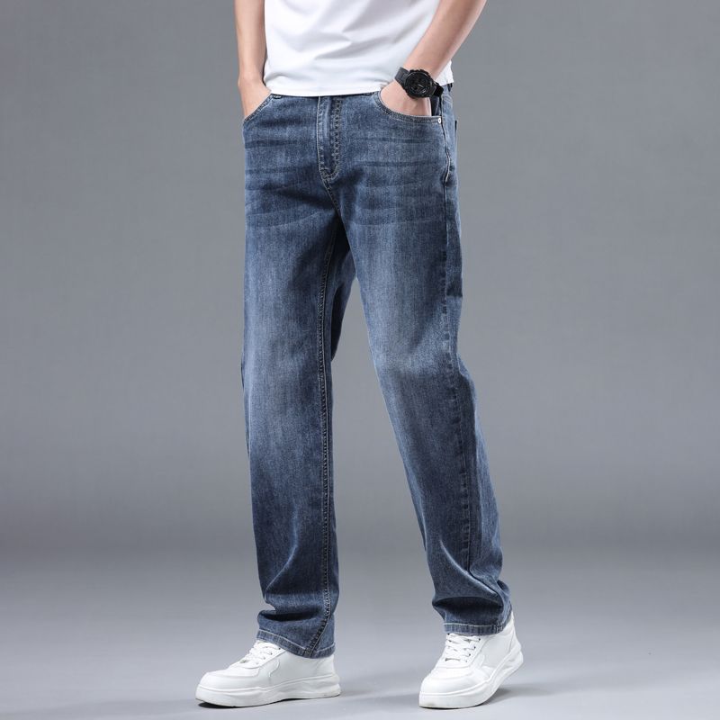 JYL Thin Jeans Men's Width Straight Elastic Trousers for Daily Use