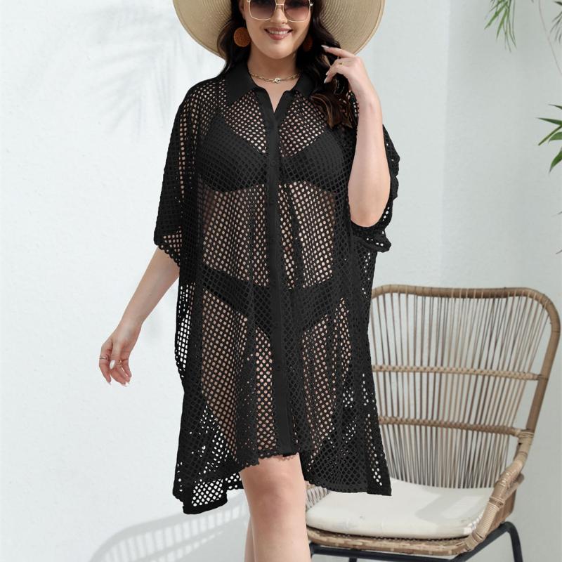 Aesthetic Casual Plus Size Mesh Patchwork Dress Women Fashion Design Loose Short Sleeve Dresses Female Summer Chic Hollow Out Lapel Clothing Lady