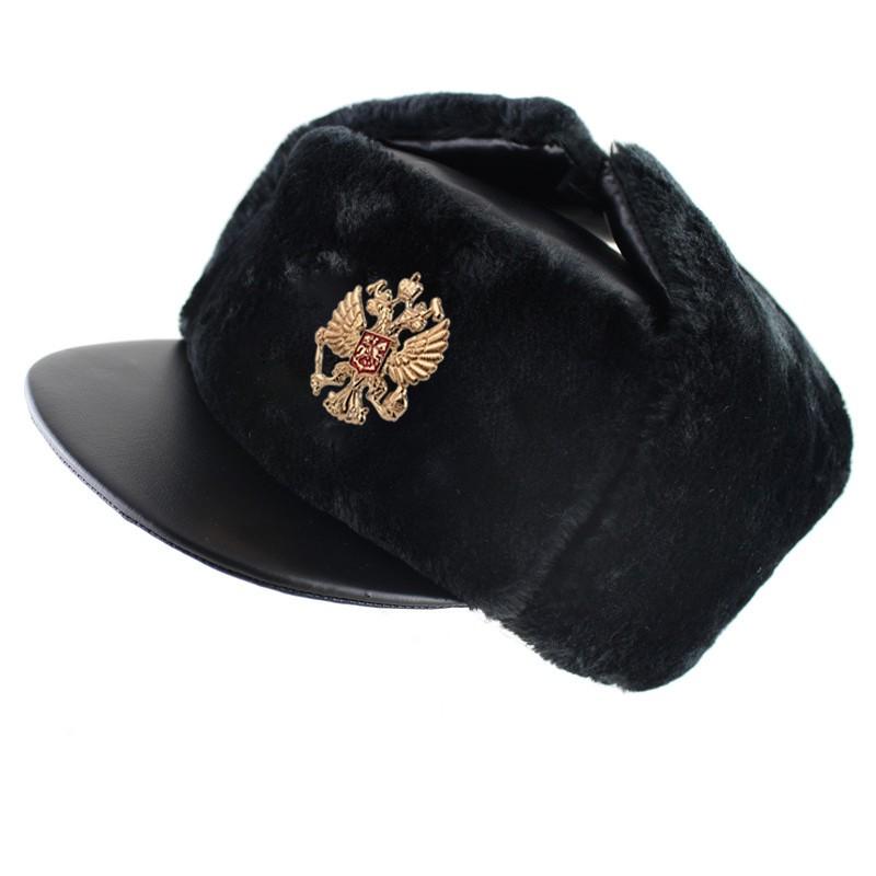 Winter Warm Faux Fur Trapper Hat With Soviet Emblem PU Leather Cap Men Women Skiing Snowboarding Cold Weather Protection
