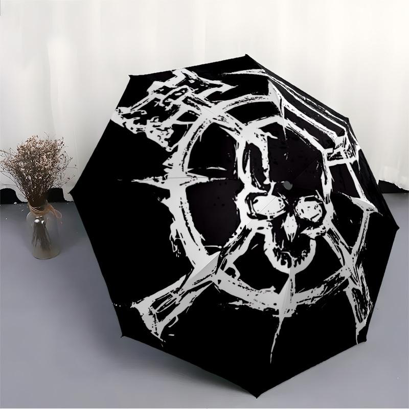 1pc Skull Web Automatic Folding Umbrella - Windproof Compact Travel Umbrella with Auto Open/Close, 8-Rib Heavy-Duty Shaft for Women/Men A041