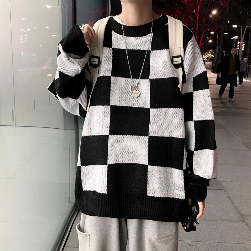 

Уличный свитер мужской ретро клетчатый свитер в клетку хип-хоп осень новый O-образный вырез свободный размер пара повседневные свитера мужские M чёрный