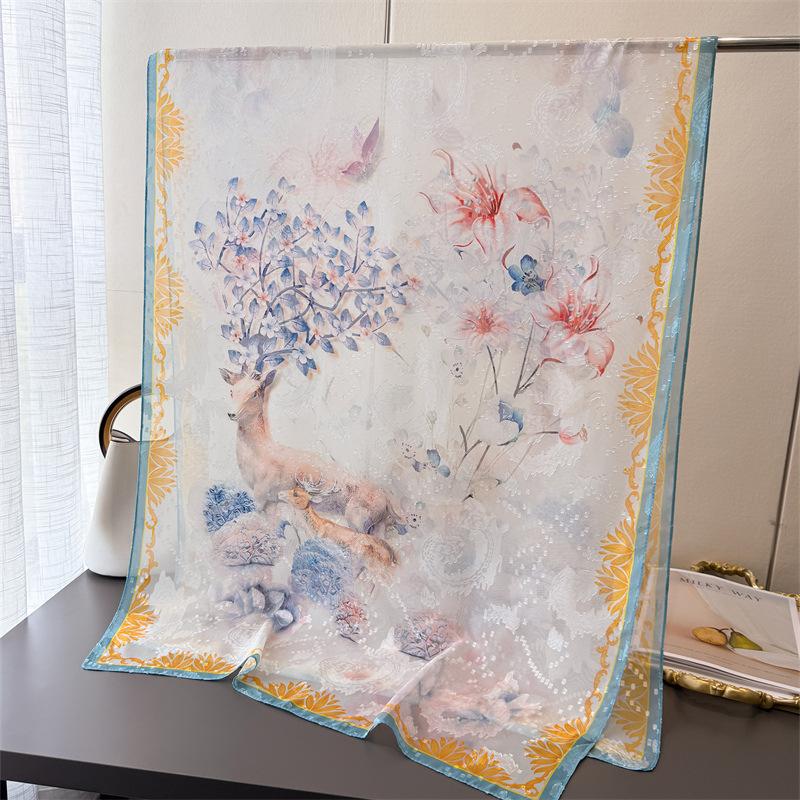 Qilu Painting Printing Flower Cutting Spring and Summer Silk Scarf Large Long Scarf High-end Travel Shawl Sun Protection Women's Scarf Headscarf