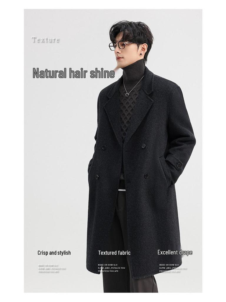 2025 Autumn/Winter Men's Double-Sided Wool Double-Breasted Trench Coat, Mid-Length with Lapel