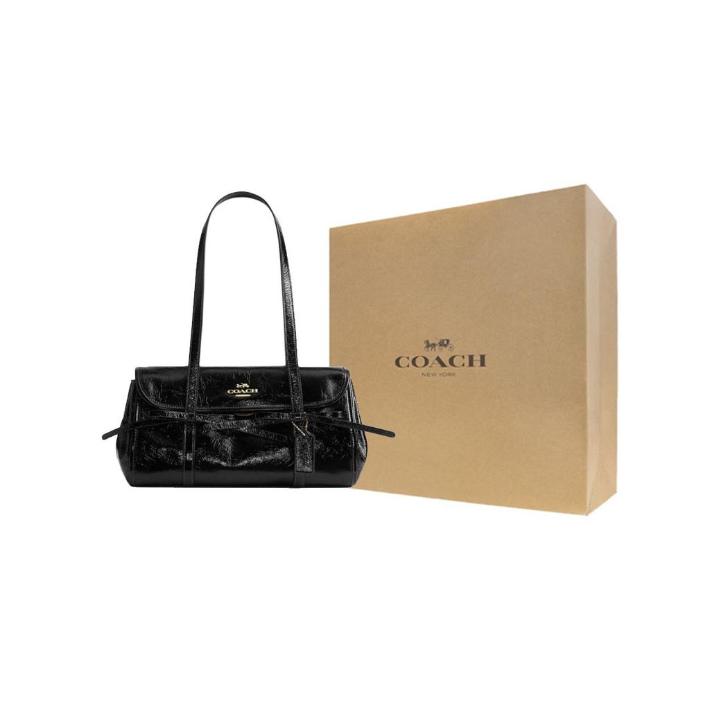 Coach Bridget 34 Schleifenakzent Unifarben Klassisches Goldenes Logo Glattes Kieselsteinleder Umhängetasche Damen Umhängetasche Schwarz CDY94-IMBLK