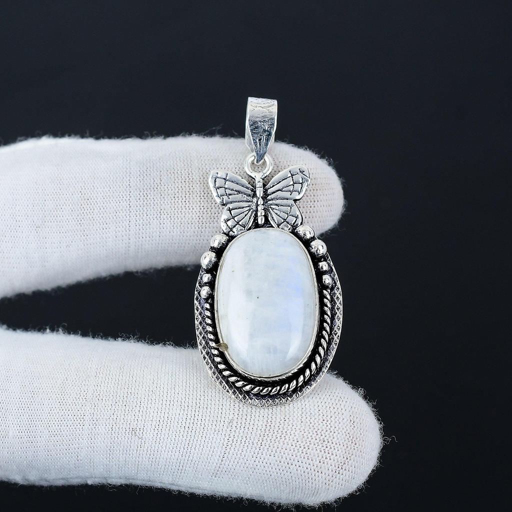 Dainty Rainbow Moonstone Gemstone Silver Pendant In 925 Sterling Silver- Handmade Butterfly Design, Everyday Wear Jewelry, Unique Pendant Gift