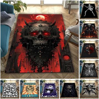 1 Stück Schädel Dunkel Gotisches Muster bedruckter Teppich für Wohnzimmer Schlafzimmer Zuhause Sofa Dekoration, Rutschfeste Fußmatte Bodenmatte