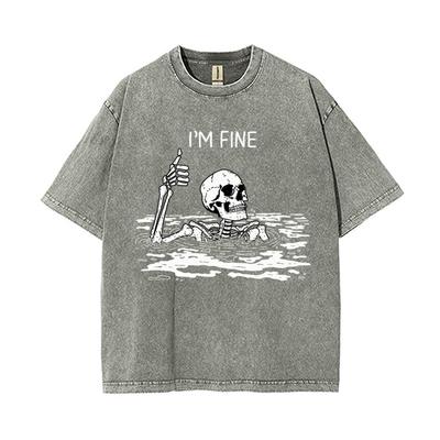 I'm Fine Letter Skull Print Women's Special Shirt Oversized Oversized Wash Short Sleeve Unisex High Street Trend