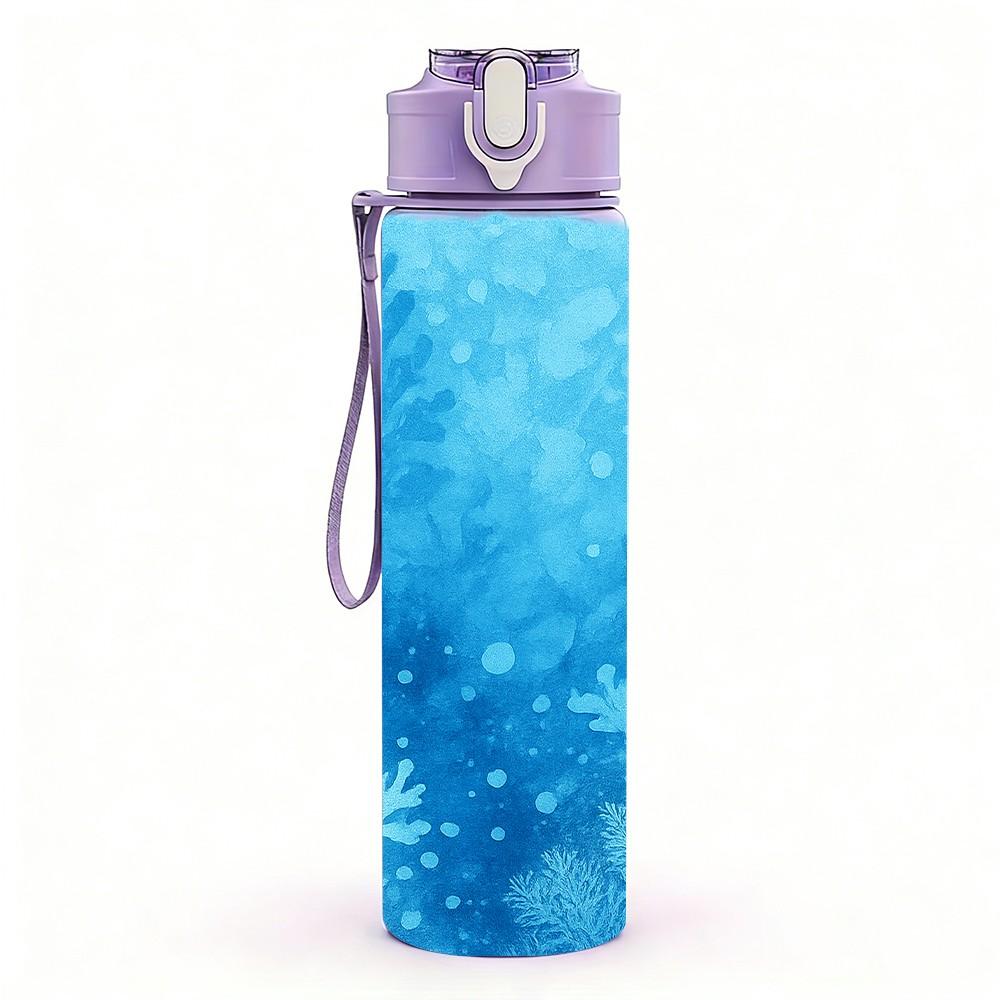 1PC Blue Frost Ice Crystal Texture Print 750ml Color Plastic Sports Water Bottle Leakproof Flip Straw Lid Suitable for Sports Office Home Use