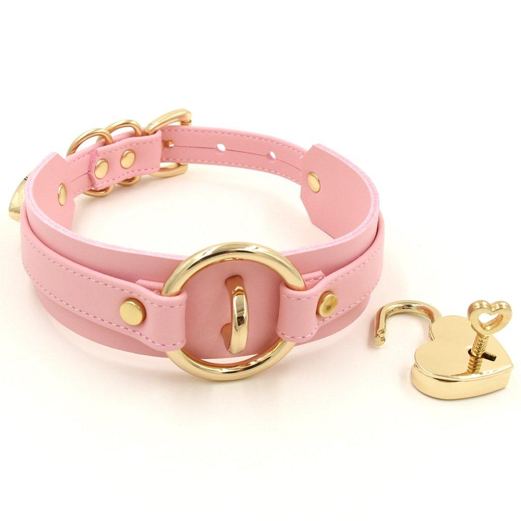 Heart Choker Collar with Padlock and PU Leather Ring, (Pink & Gold)