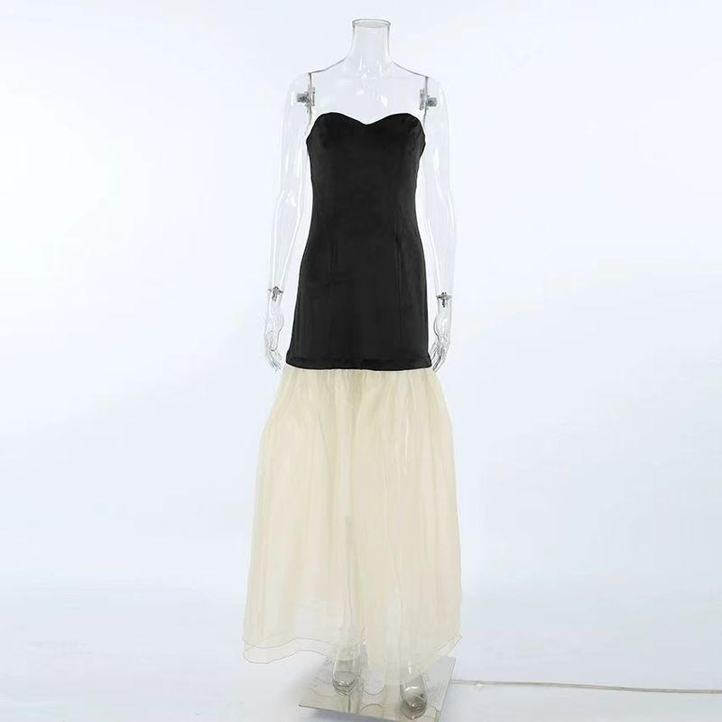 

Fashion Wind Sexy Stylish Contrast Color Tube Top Dress Sexy Patchwork Strapless Dress Black L