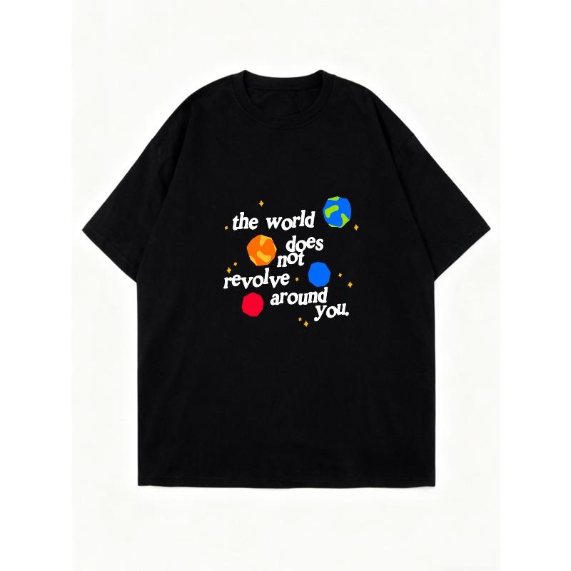 Übergroßes T-Shirt Schwarz Die Welt dreht sich nicht um dich Planet Grafikdruck Lässige Streetwear Für Damen und Herren