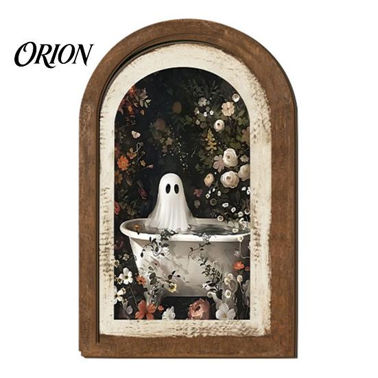 Halloween Spooky Decorative Sign Ghost Wall Decor, Cute Table Sign, Vintage Arch Framed Fall Season Accent Picture, Art for Mantel Living Room Bedroom