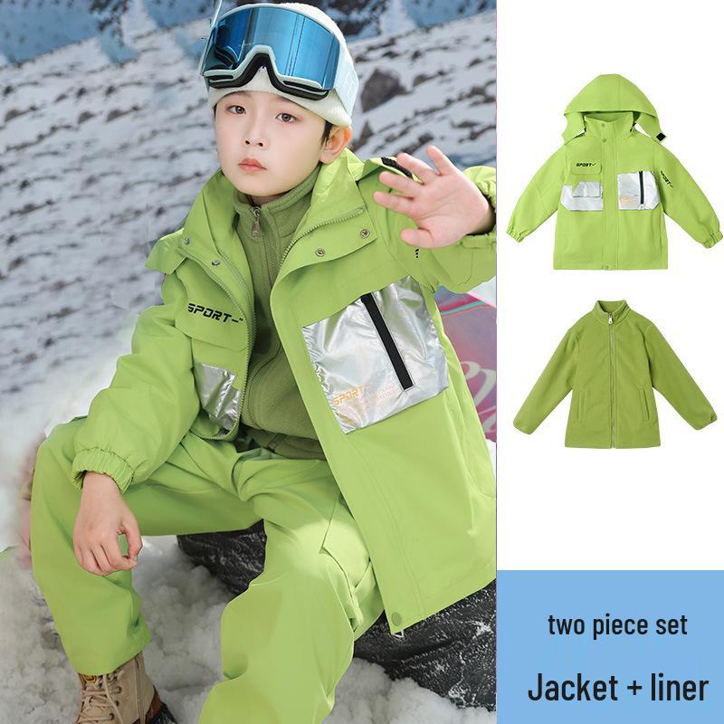 Kids' Thickened Ski Suit Set: Warm DuPont, Three-Proof Mountaineering Jacket for Boys & Girls, Primary School Students, Three-Piece.