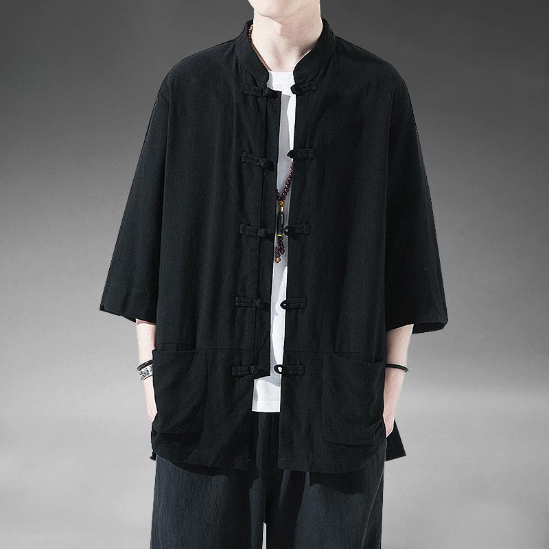 Costum Tang de vară în stil chinezesc din in cu mânecă scurtă pentru bărbați, Hanfu retro cu mânecă cinci sferturi, bumbac și in pentru laici, mărime mare, costum de ceai cu mânecă scurtă