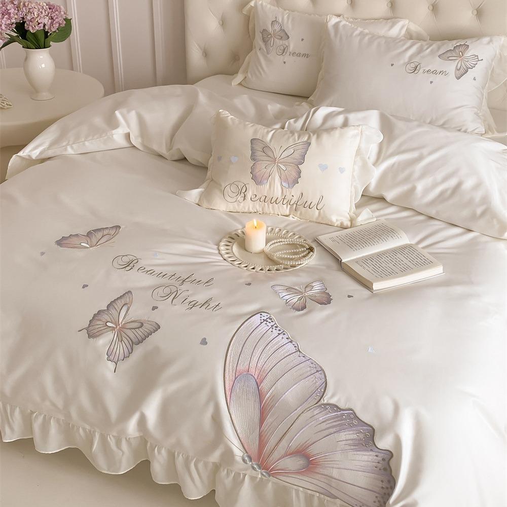 Lace Cotton Bedding Four-piece Set Princess Wind Butterfly Embroidery Skin-friendly Breathable Bed Sheet Quilt Cover Pillowcase Set