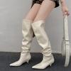 2025 Autumn New Thin Heel High Boots Pleated Cowhide Long Boots Beige Stacking Boots