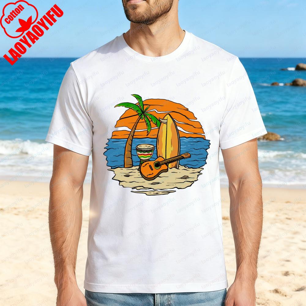Beach Sunset Palm Tree Surfboard Guitar Unisex Cotton TShirt Summer Vacation Casual Wear Men Women Beach Holiday Outfit S