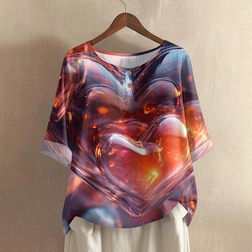 Damska koszulka z nadrukiem na Walentynki, casualowa, z krótkim rękawem, okrągłym dekoltem, z bawełny i lnu