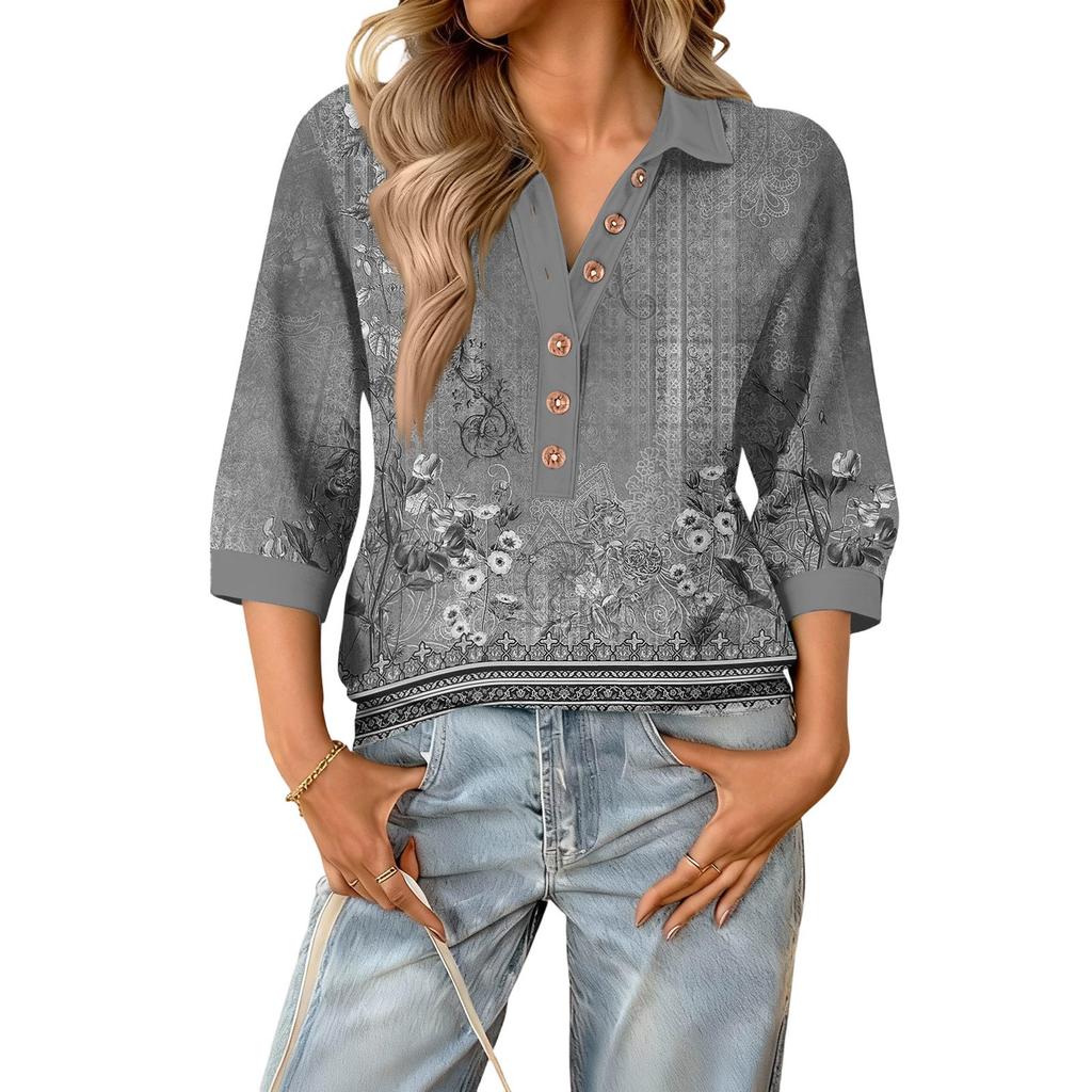 Damen modisches und lässiges Sommer V-Ausschnitt Patchwork Dreiviertelarm Retro Oberteil