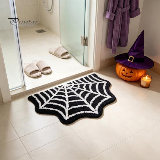 Durable Fade-resistant Rug Halloween Bathroom Rug, Spider Web Bath Mat, Gothic Pumpkin Lantern High-definition Printed Carpet Non-Slip Area for Front