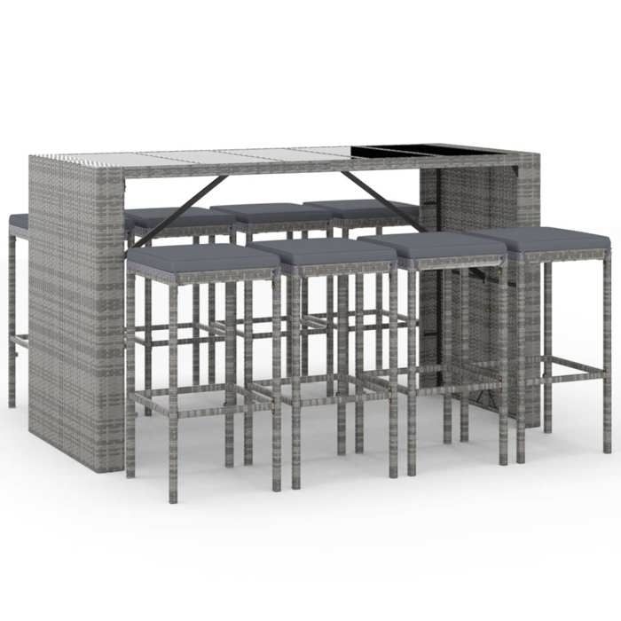 VidaXL Ensemble de bar de jardin 9 pcs avec coussins gris poly rotin, ensemble de table de bar, table et chaise de bar, 3187624