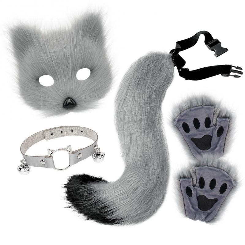 Halloween Fox Mask Set With Paws Gloves Cute Collar Furry Tail Cosplay Costume Party