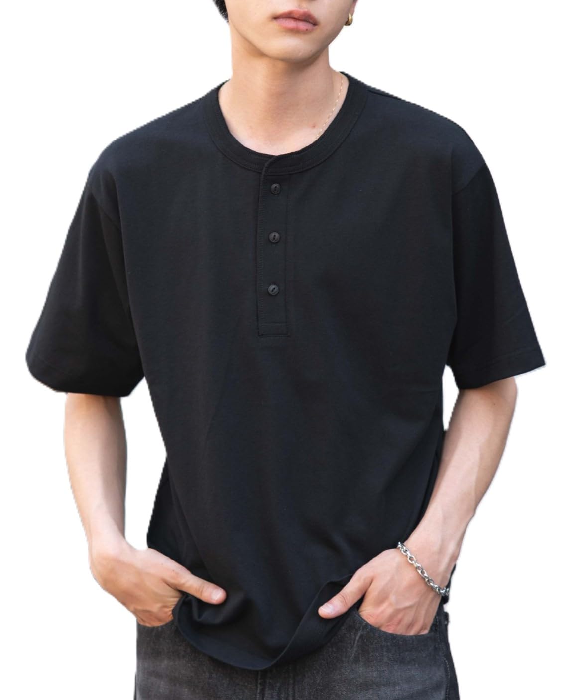 

WEGO Relaxed Fit Henley Neck Short Sleeve Solid Summer Size Black Men s T-Shirt, Color, Clothing, Gift, L, чёрный