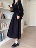 Plus Size Early Autumn High Waist V-Neck Black A-Line Dress - Korean Hepburn Style