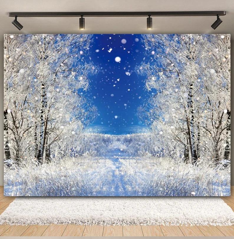 Winter Forest Scene Backdrop for Photography Snow Snowflake Xmas Tree Natural Landscape Christmas Baby Portrait Photo Background