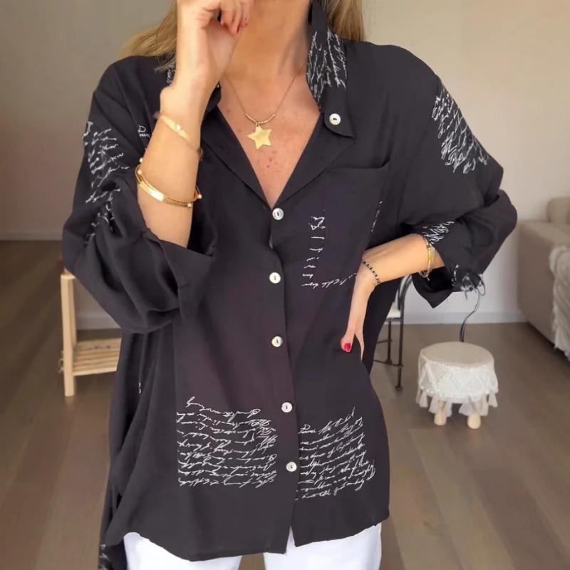 Women S Loose Long Sleeve Printed V Neck Button Front Shirt For Spring Summer S чёрный