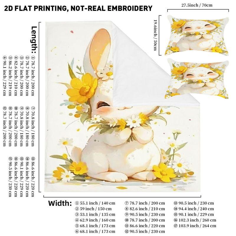 Printed quilt cover pillowcase three-piece set cute fat white rabbit wearing yellow and white daisy headdress bouquet pattern 135x200cm