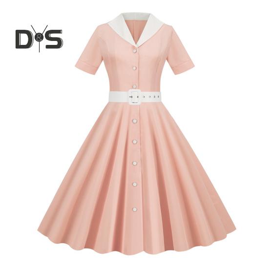 Damekjole V-hals Revers Enkeltspent med Belte A-linje Stort Sving Skreddersydd Høy midje Ensfarget Retro Kortermet Prinsessestil Dame Midikjole