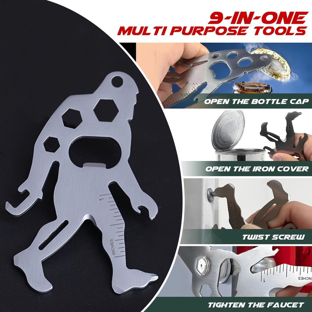 9-in-1 Multi-Tool Set, including an Allen wrench, bottle opener, can opener, right-angle ruler, flathead screwdriver.