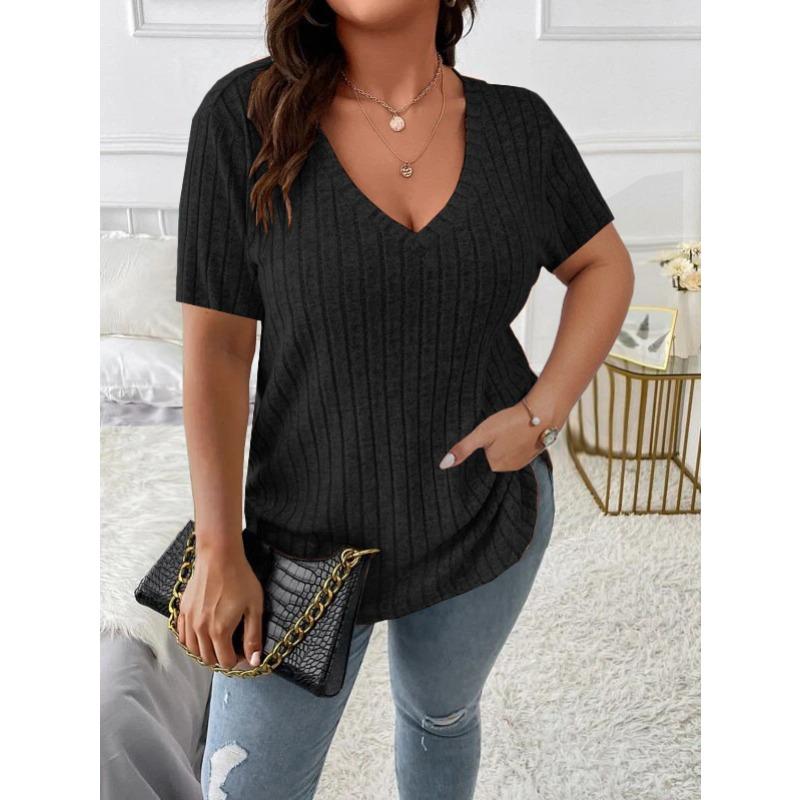 QICED Camicette e camicie da donna con scollo a V, maniche corte, stampa tinta unita casual alla moda