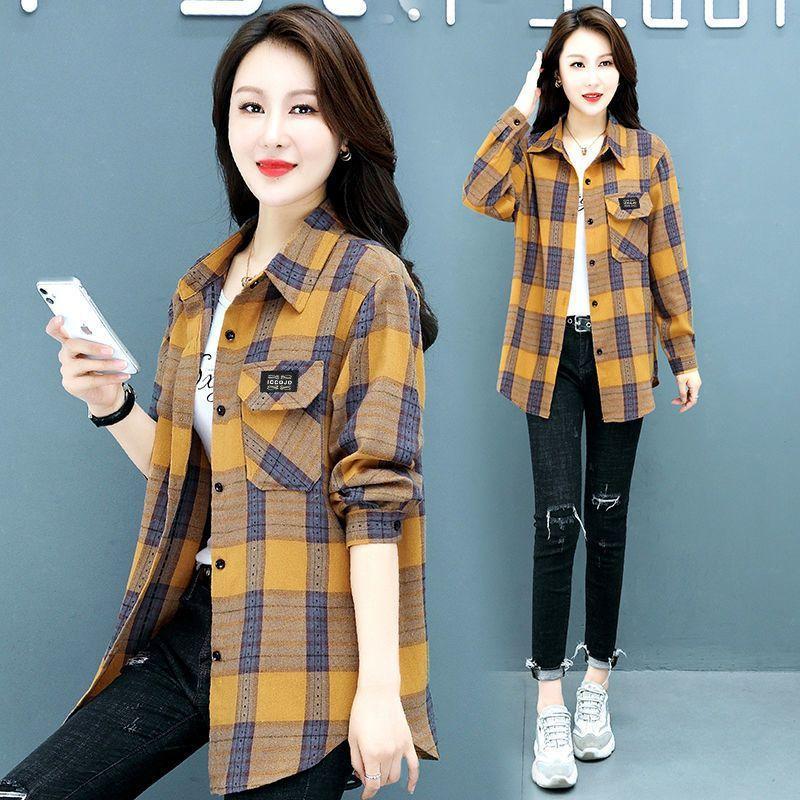 Women Casual and Fashionable Design Sense Fake Two Contrasting Color Plaid Shirt Blouse