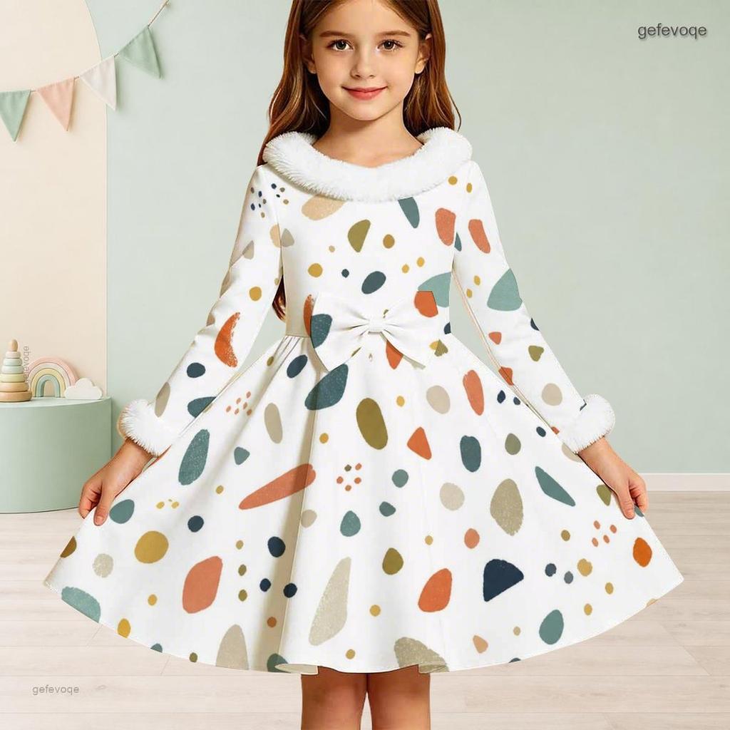 Girls Furry Trim Neck Cuffs Long Sleeve Waist Bow Printed A Line Flared Dress