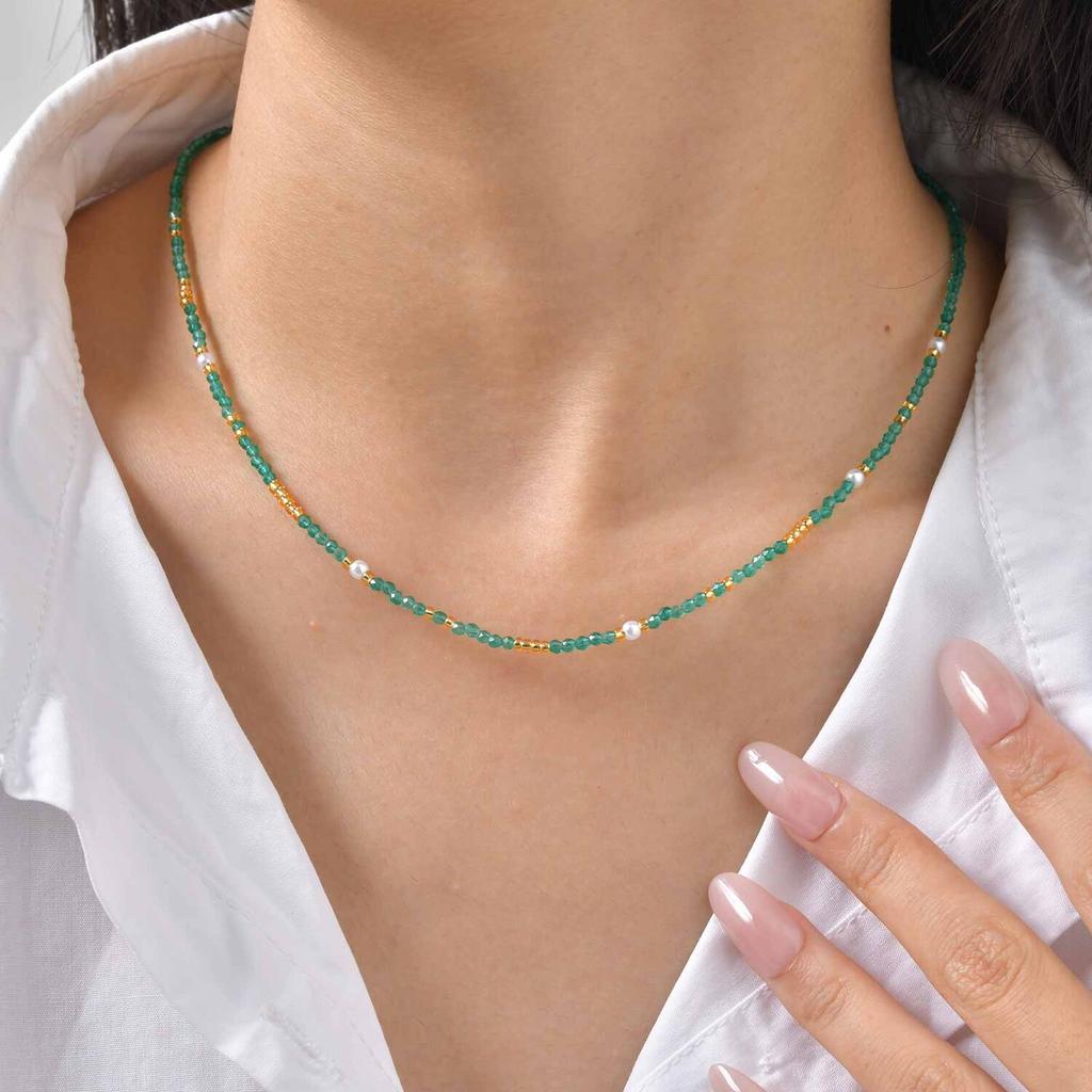 Beaded Choker Necklace for Women, 18K Gold Plated Boho Colorful Natural Stone Beads Chain Necklace stackable Handmade Jewelry