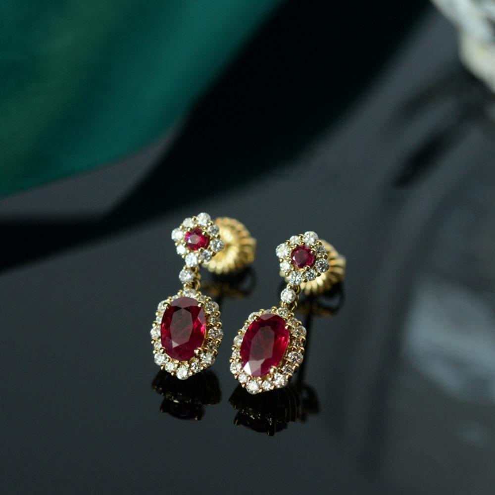 Luxury Red Gemstone Earrings Vintage Style French Silver Needle Studs Elegant Court Jewelry for Ladies