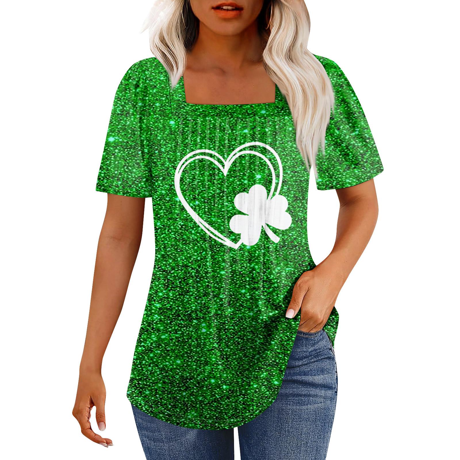 

Футболки для женщин плиссированные квадратные вырезы нарядные повседневные блузки St. Летние топы с короткими рукавами и принтом ко Дню Святого Патрика, свободный крой L белый