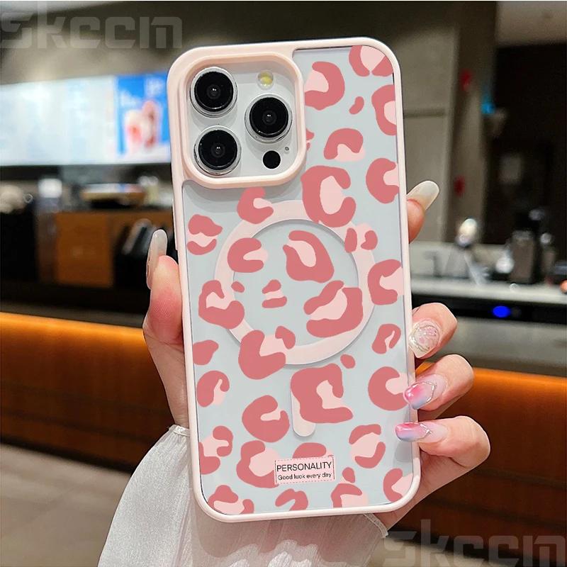 Leopard Print Clear Phone Case For iPhone 16 15 14 13 12 11 Pro Max Plus XS XR 16E Matte Magnetic Wireless Charge Cover