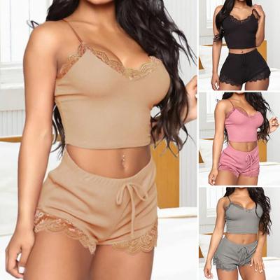 2 Teile/satz Damen Pyjama Set Crop Top Shorts Spitzenrand Einfarbig Spaghettiträger Sexy Weiche Ärmellose Dame Nachtwäsche zum Schlafen
