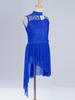 Girls Sleeveless Mock Neck Leotard Dress – Asymmetrical Shoulder Floral Lace with Rhinestones, Irregular Hem for Lyric Dance