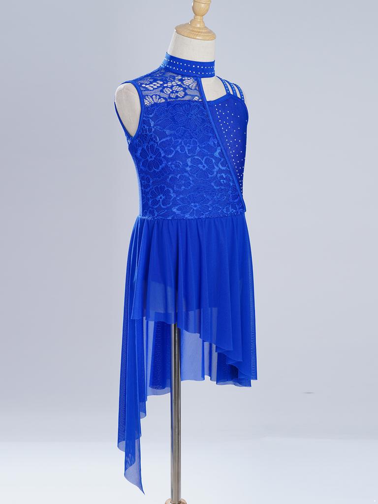 Girls Sleeveless Mock Neck Leotard Dress – Asymmetrical Shoulder Floral Lace with Rhinestones, Irregular Hem for Lyric Dance