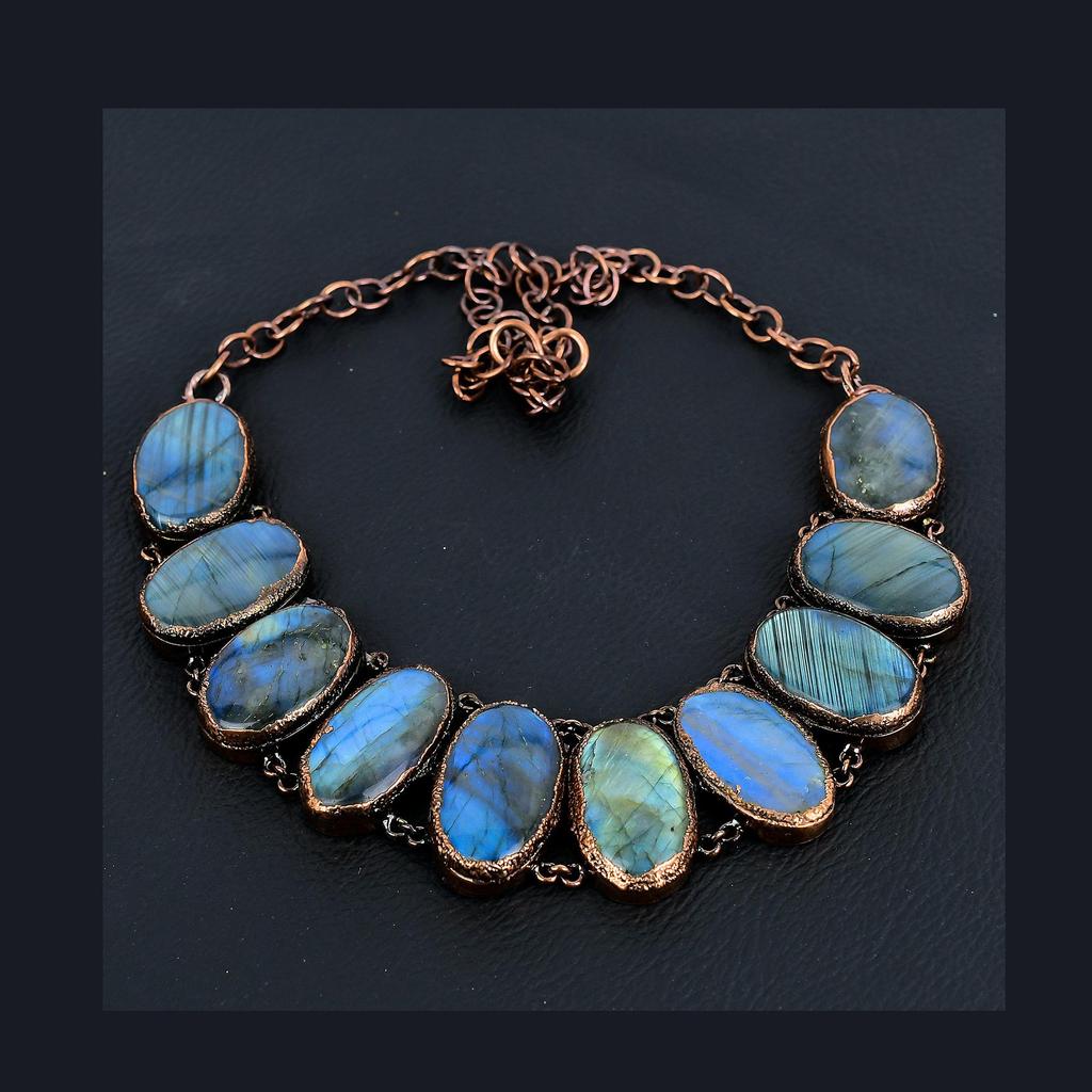 Labradorite Handmade Gemstone Necklace, Copper Electroformed Antique Jewelry Adjustable Chain Necklace, For Engagement Gift