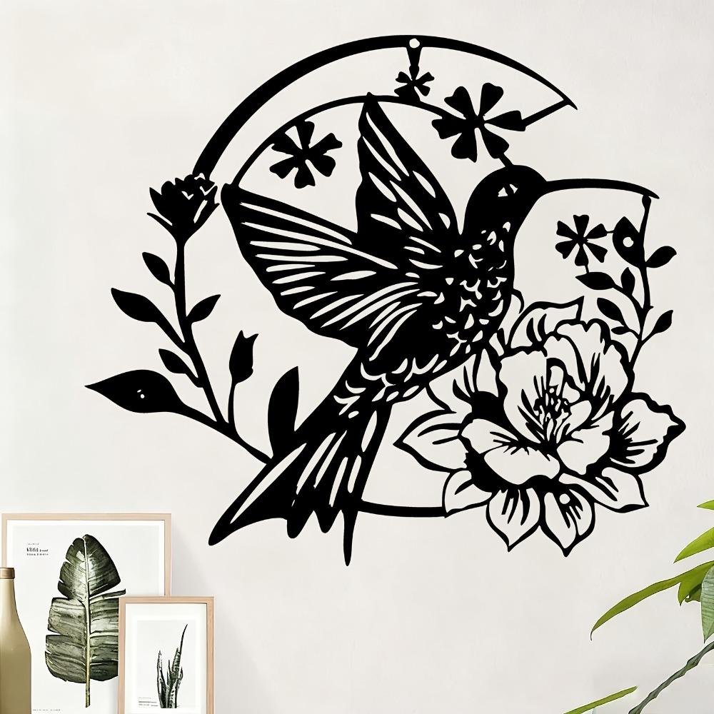 Hummingbird Flowers Metal Wall Art Powder Coated Iron Flying Bird Bloom Sculpture for Nature Lovers Living Room Decor Year Round Holiday Gift Wedding