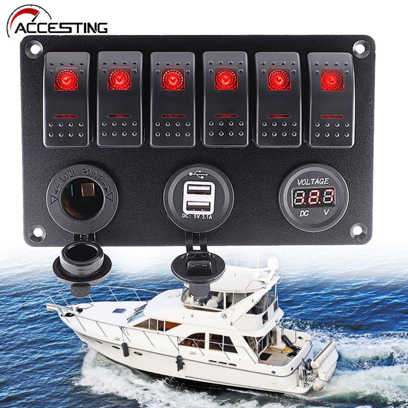 6 Toggle Switch Panel With Dual USB Socket Adapter Voltage Display Cigarette Lighter Port for Boat Car Marine Yacht Panel