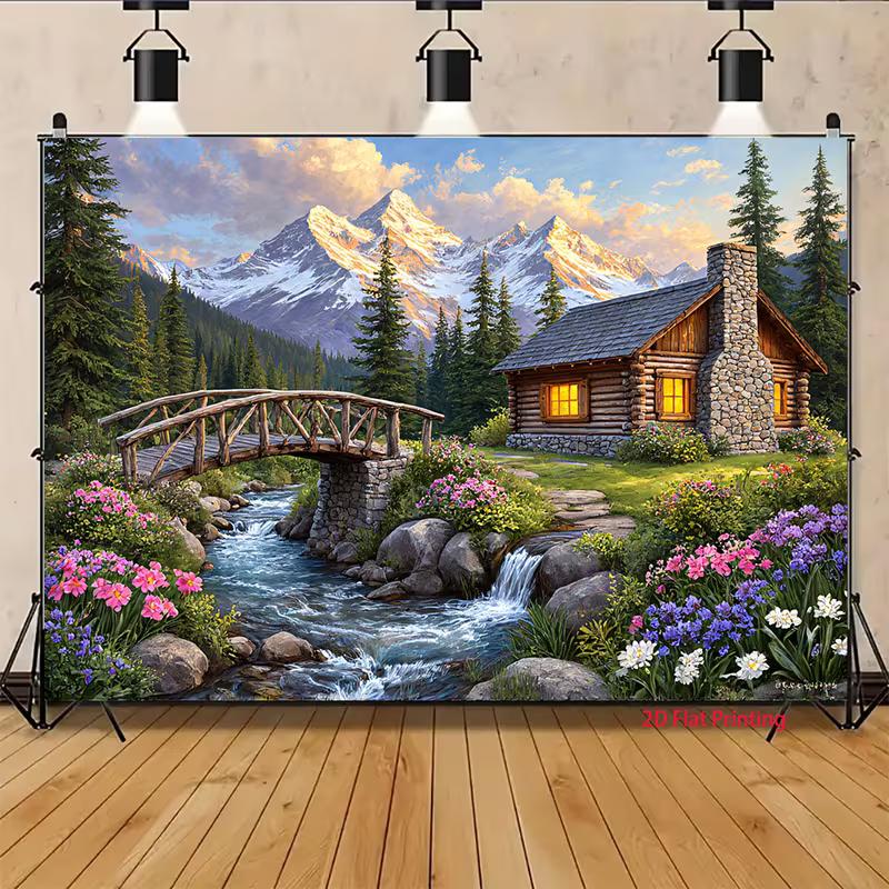 2D Serene Mountain Valley Cabin Backdrop for Scenic Party Decoration